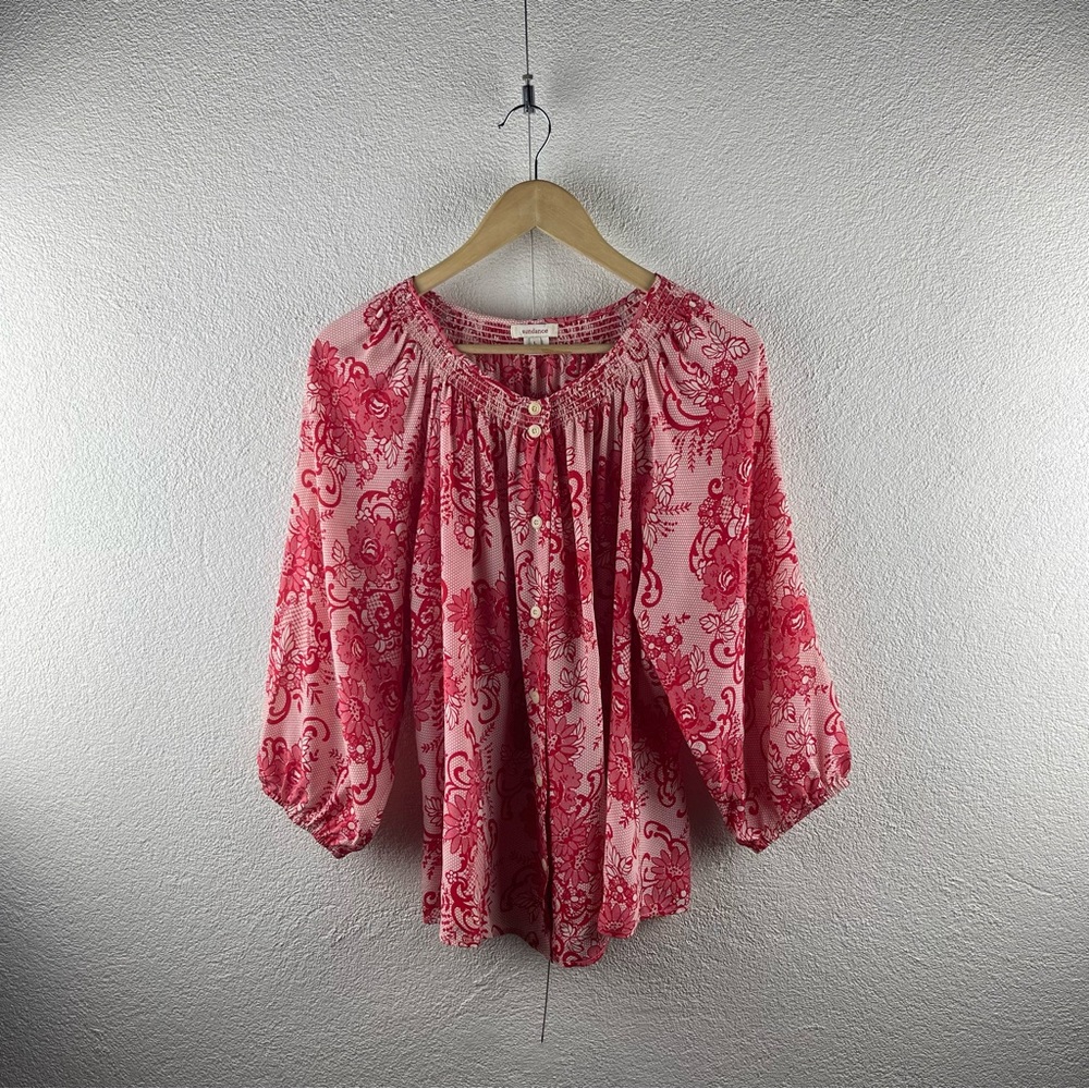 Sundance l L Silk Floral Lace Printed Smocked Button-Up Bohemian Peasant Blouse